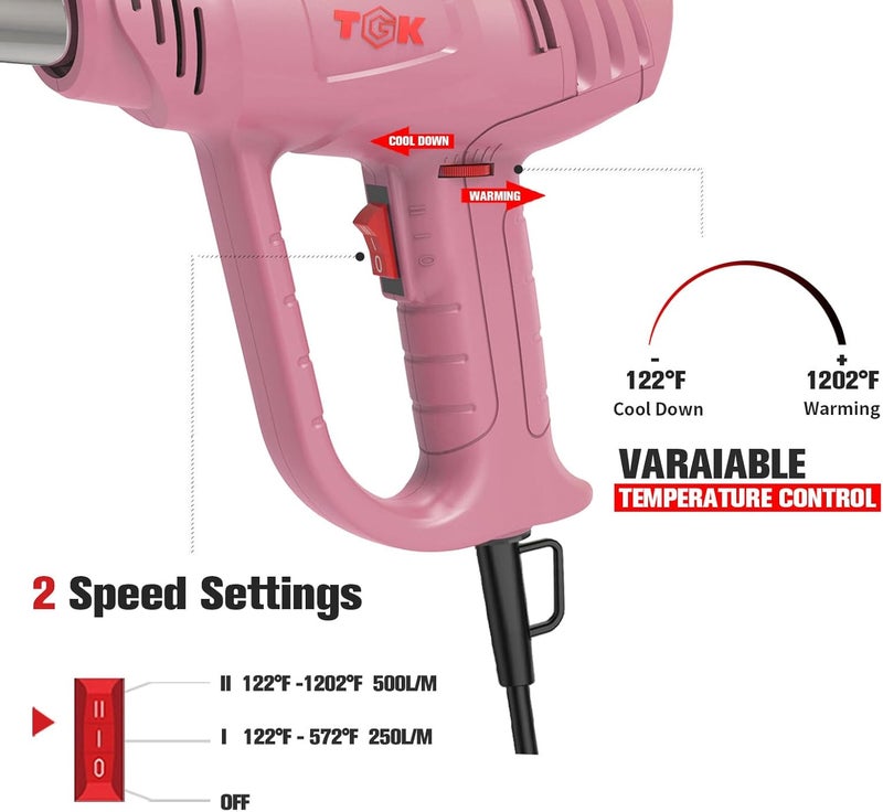 TGK Heat Gun, ® 1800W Heavy Duty Hot Air Gun Kit 122℉~1202℉ Dual Temperature Settings with 6 Nozzle Attachments Overload Protection for Crafts, Shrink Wrapping/Tubing, Paint Removing, Epoxy Resin - Image 2
